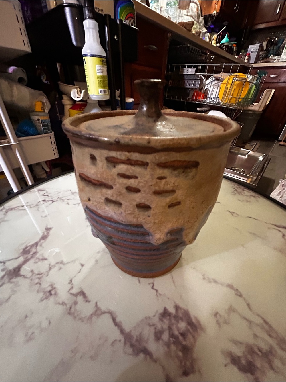 Handcrafted Pottery  Lidded Pot in Beige and Brown